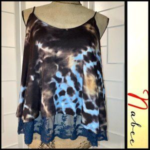 Nabee Tie Dye Tank Top w/ Blue Lace Under Ruffle